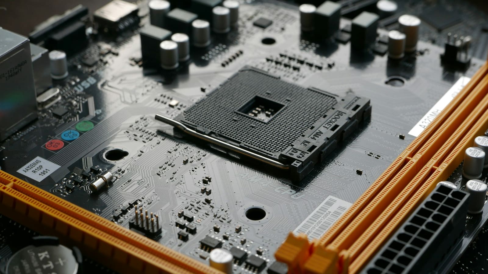 A processor seated in a motherboard socket, photographed close up