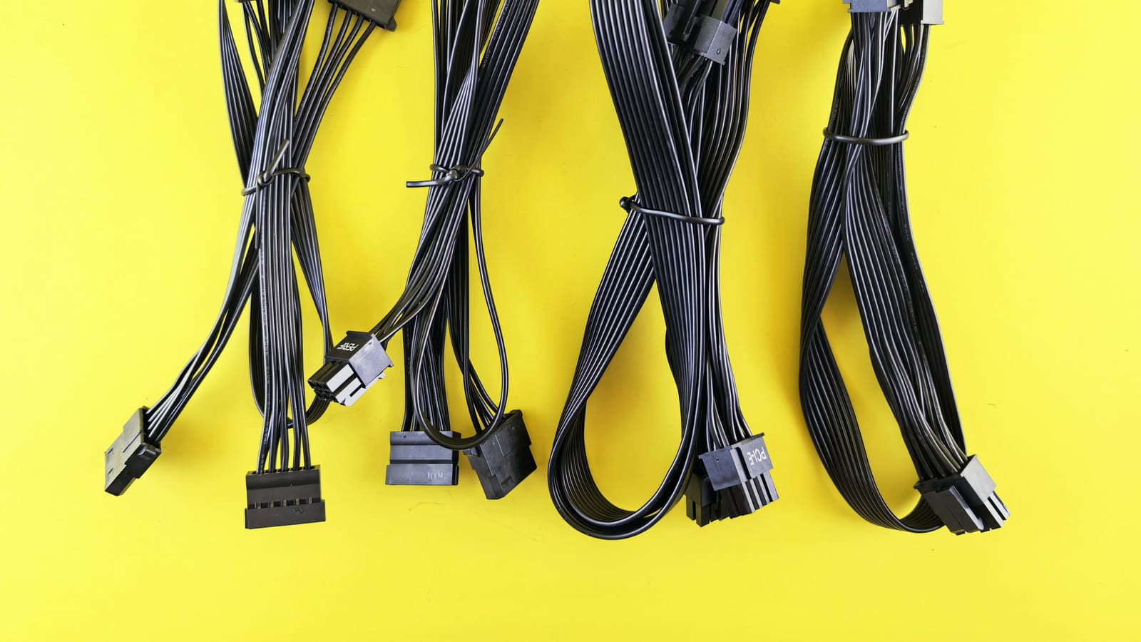 A set of computer power supply cables spread out and displayed