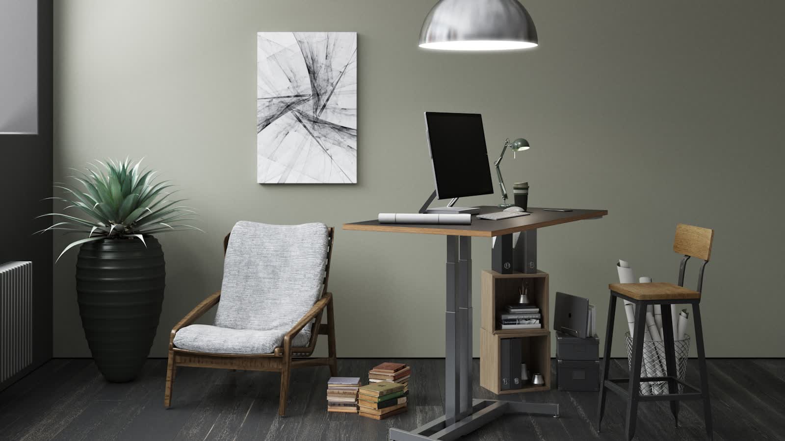 A height-adjustable standing desk in an otherwise empty room