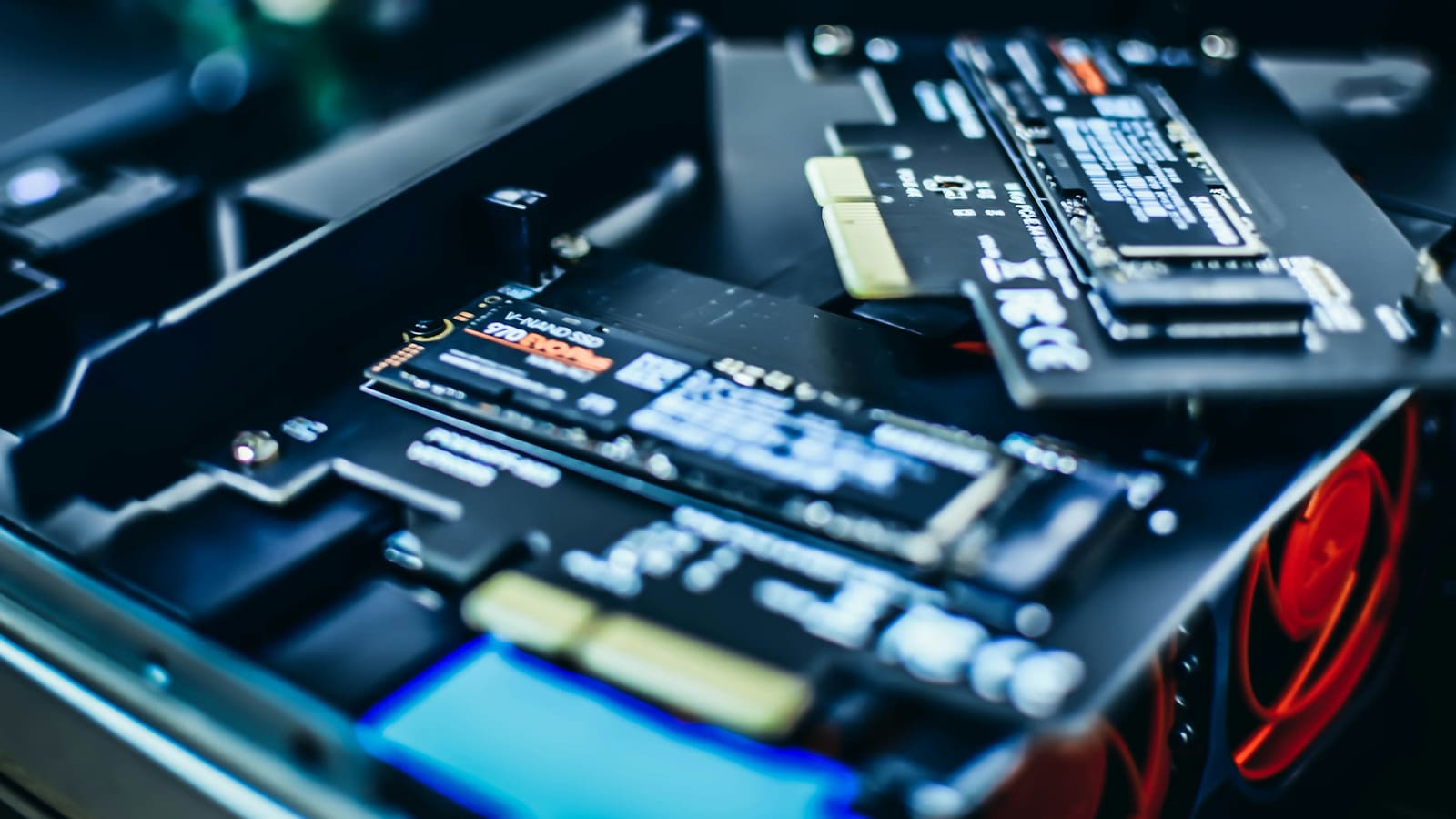 A small solid-state drive fitted flat to a motherboard
