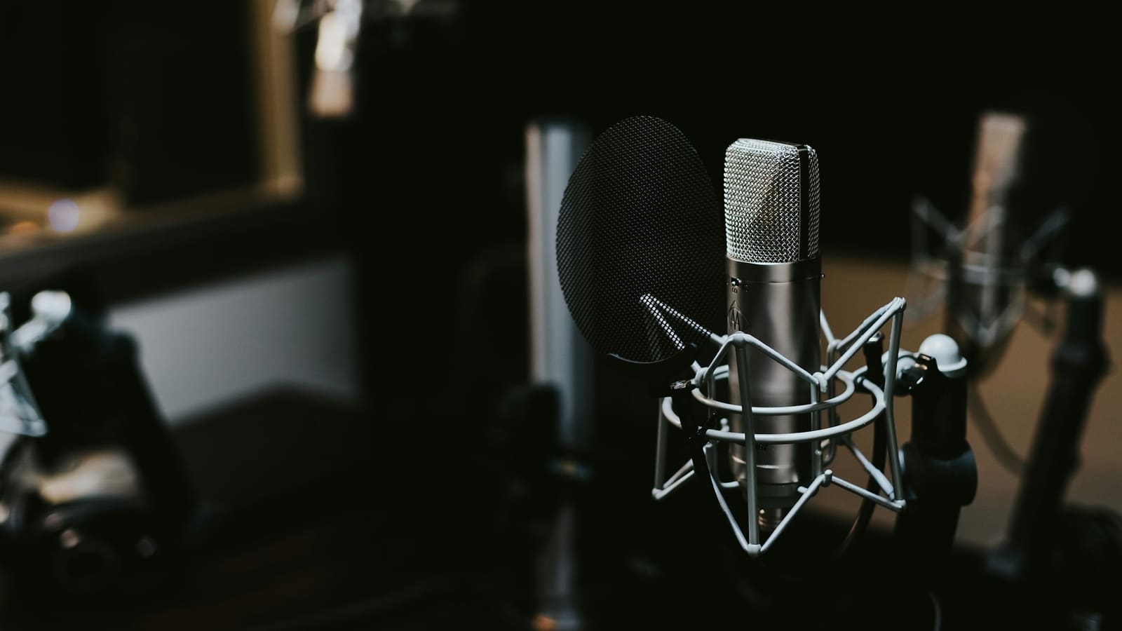 A studio microphone suspended in a shock mount against a dark background