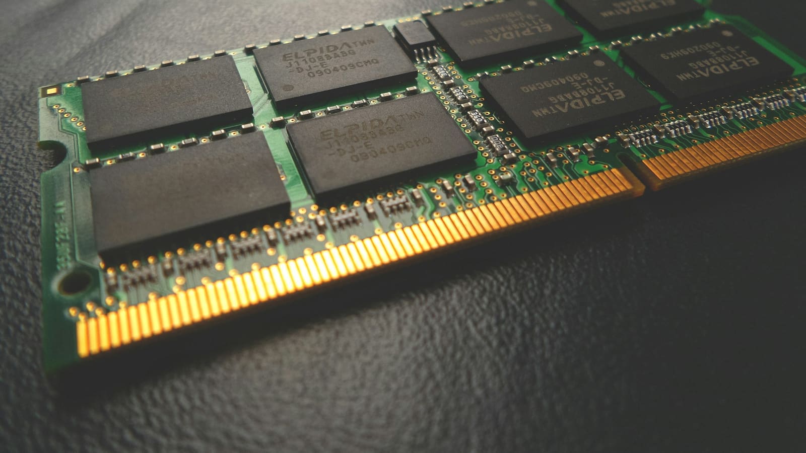 Close-up of a memory module showing its chips and contact edge