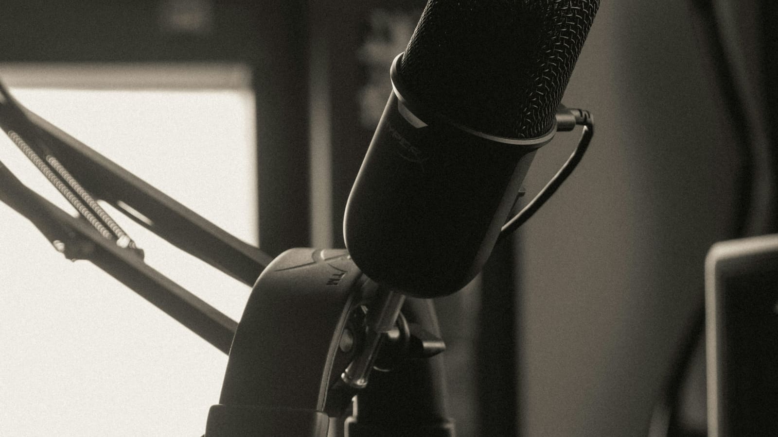 A dynamic microphone mounted on an arm in a dim room