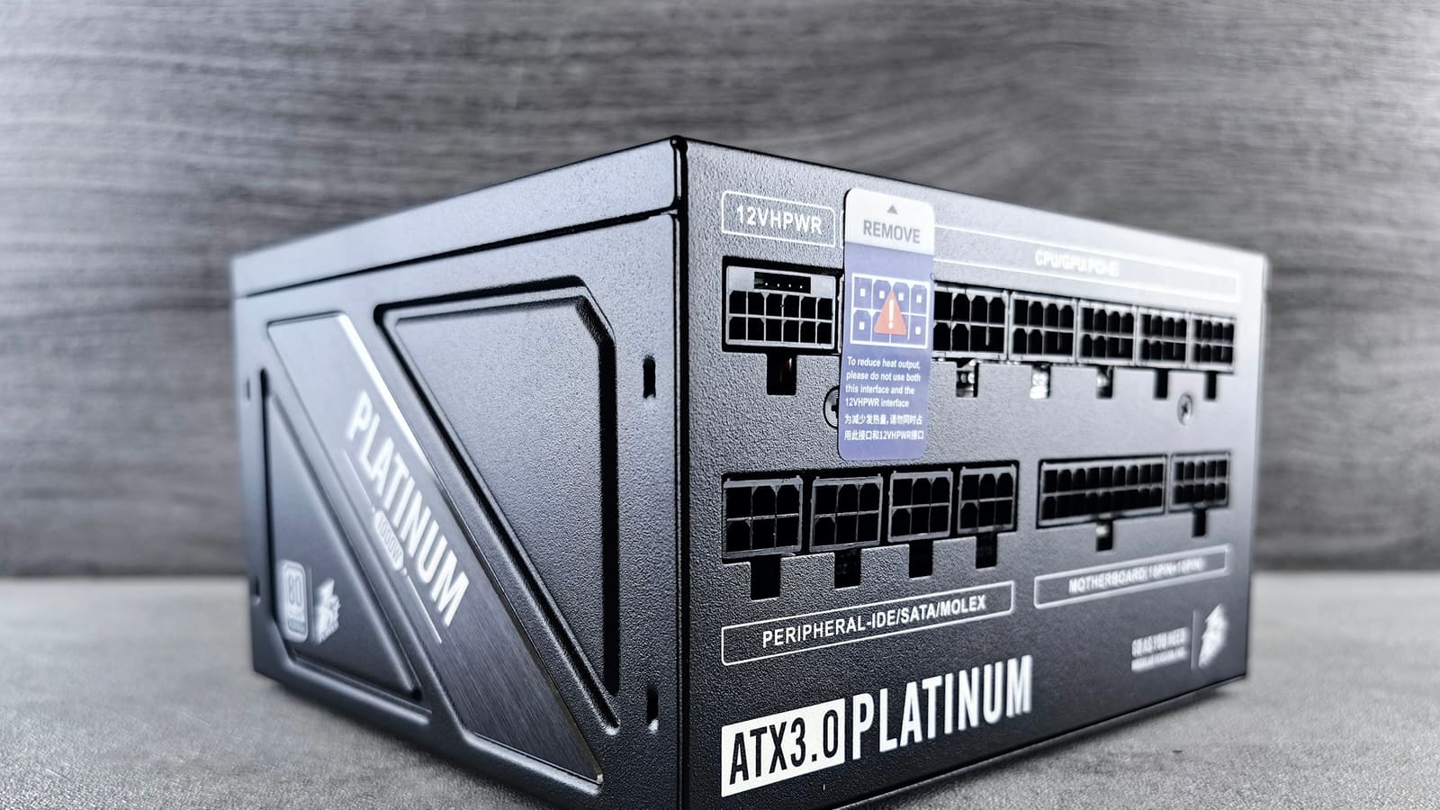 A power supply showing its bank of modular cable sockets and rating label